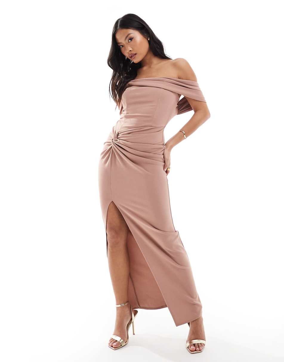 TFNC Bridesmaids Petite off the shoulder maxi dress with pleat in rose brown