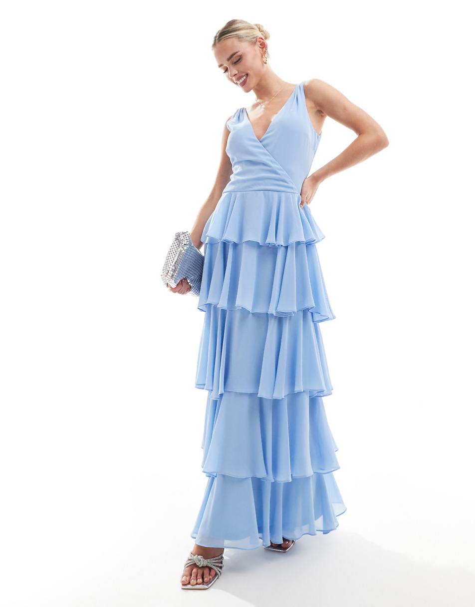 TFNC Bridesmaids Petite chiffon tiered maxi dress in powder blue