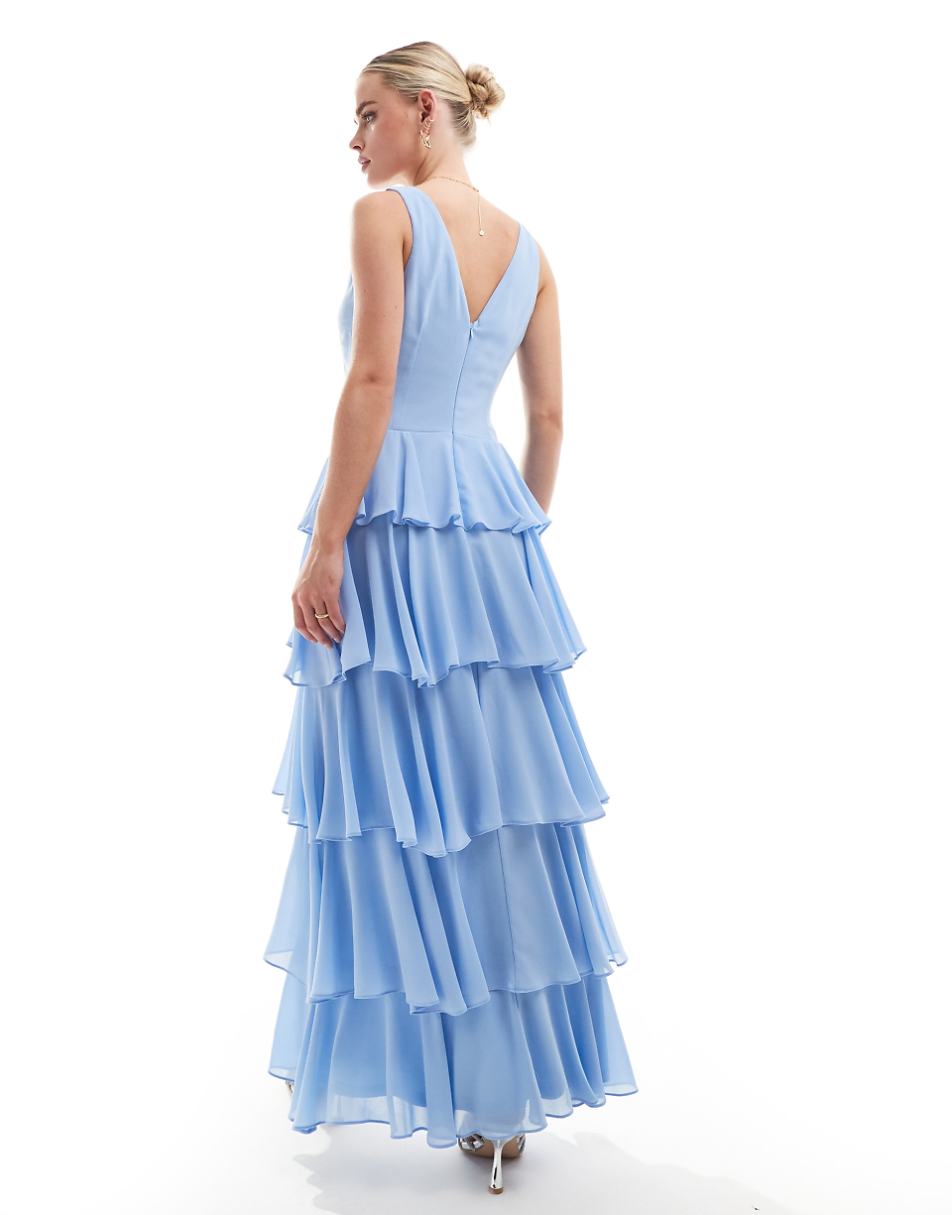 TFNC Bridesmaids Petite chiffon tiered maxi dress in powder blue