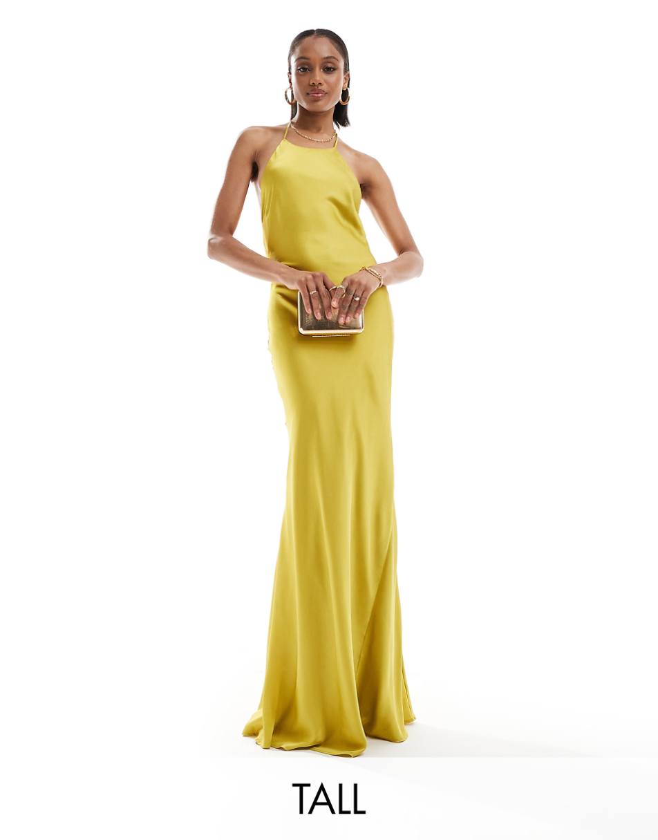 TFNC Bridesmaids Tall satin maxi dress with tie back and button detail in lime