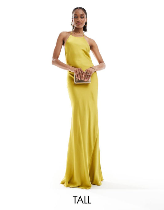 TFNC Bridesmaids Tall satin maxi dress with tie back and button detail in lime