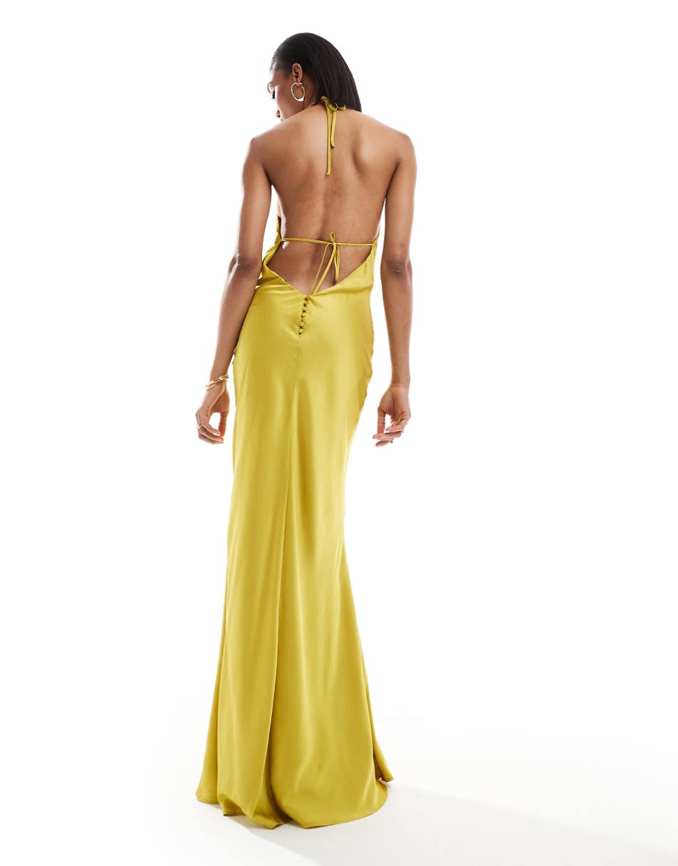 TFNC Bridesmaids Tall satin maxi dress with tie back and button detail in lime