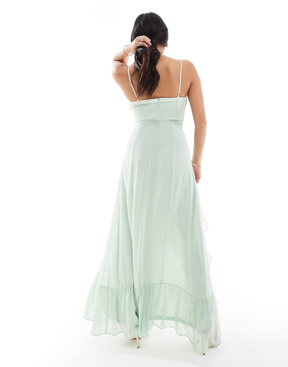 TFNC Bridesmaids Petite chiffon cami maxi dress with split and frill detail in fresh mint