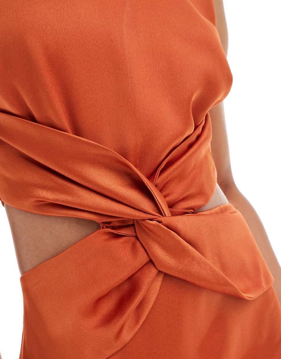 TFNC Bridesmaid Tall satin deep V-back waist cut-out satin maxi dress in rust