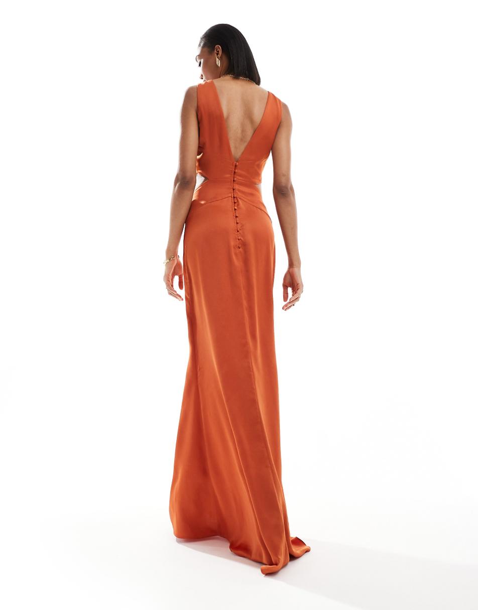 TFNC Bridesmaid Tall satin deep V-back waist cut-out satin maxi dress in rust