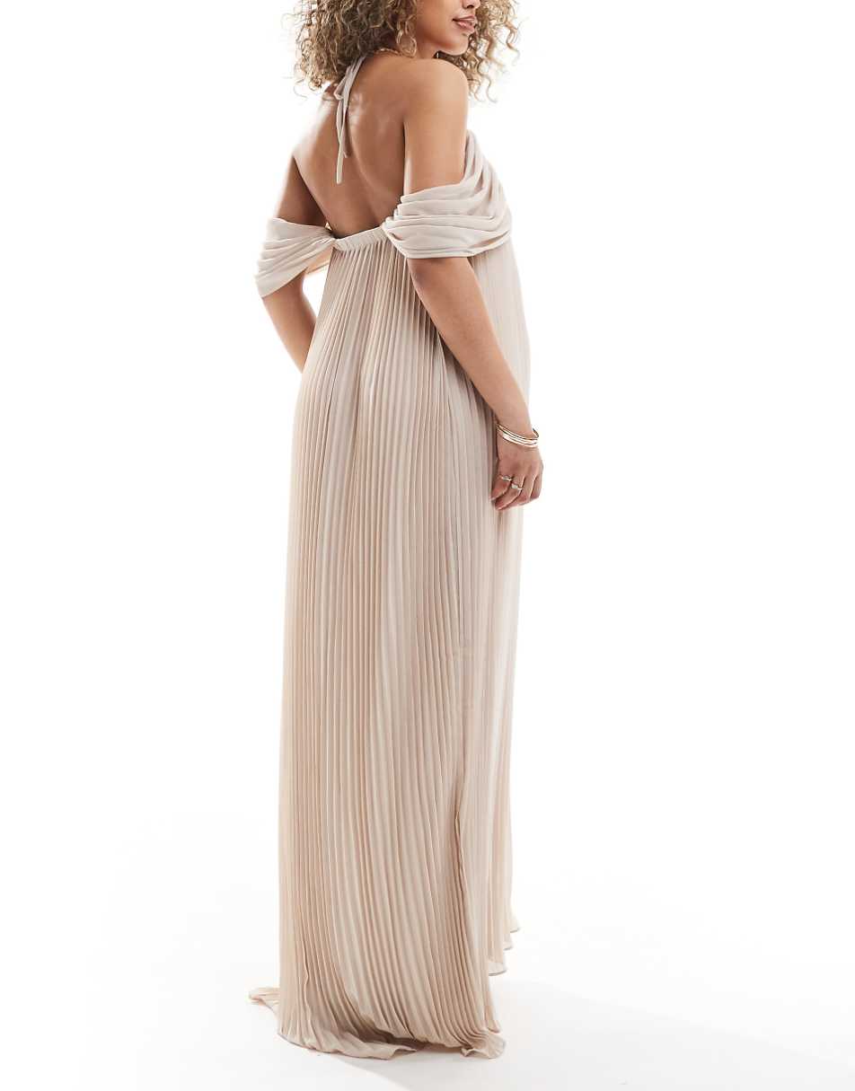 TFNC Bridesmaids Maternity cold shoulder chiffon pleated maxi dress in ecru