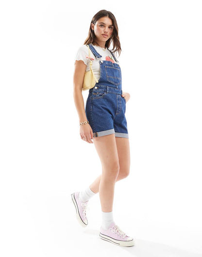 Miss Selfridge overall denim shorts in mid blue wash