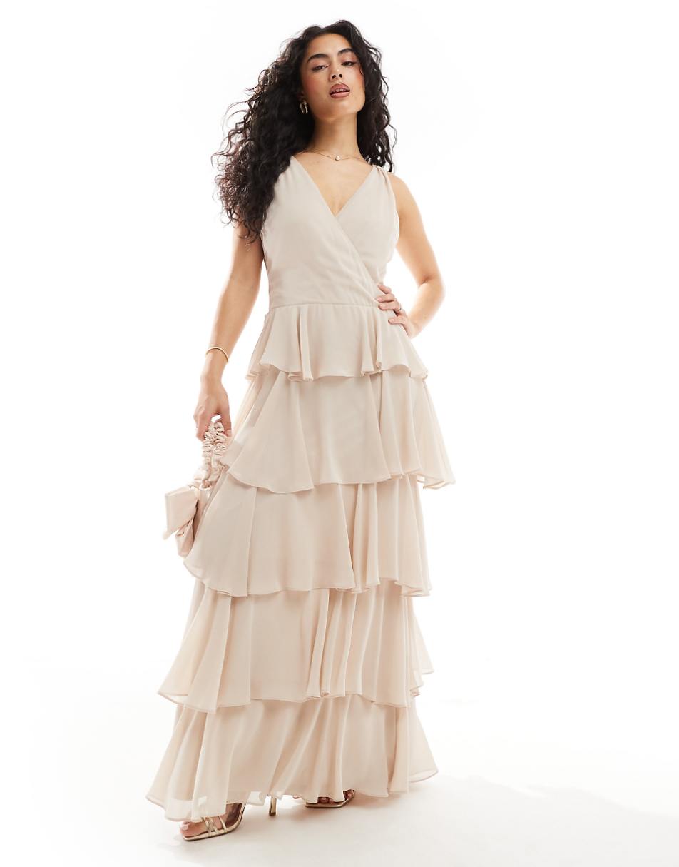 TFNC Bridesmaids chiffon tiered maxi dress in ecru