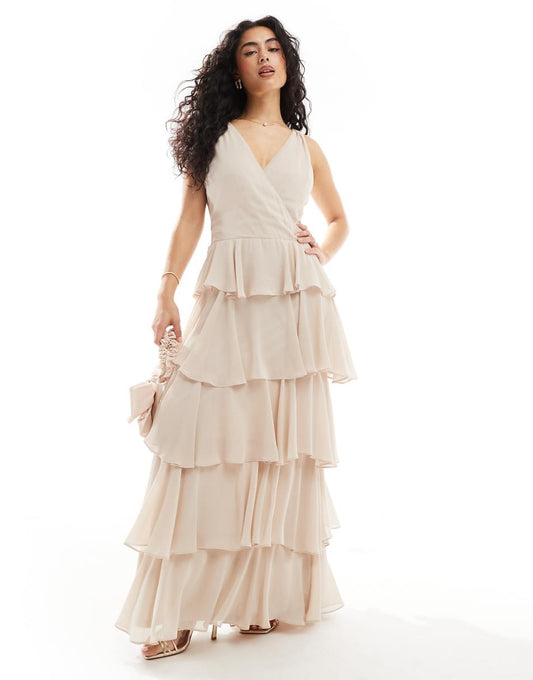 TFNC Bridesmaids chiffon tiered maxi dress in ecru