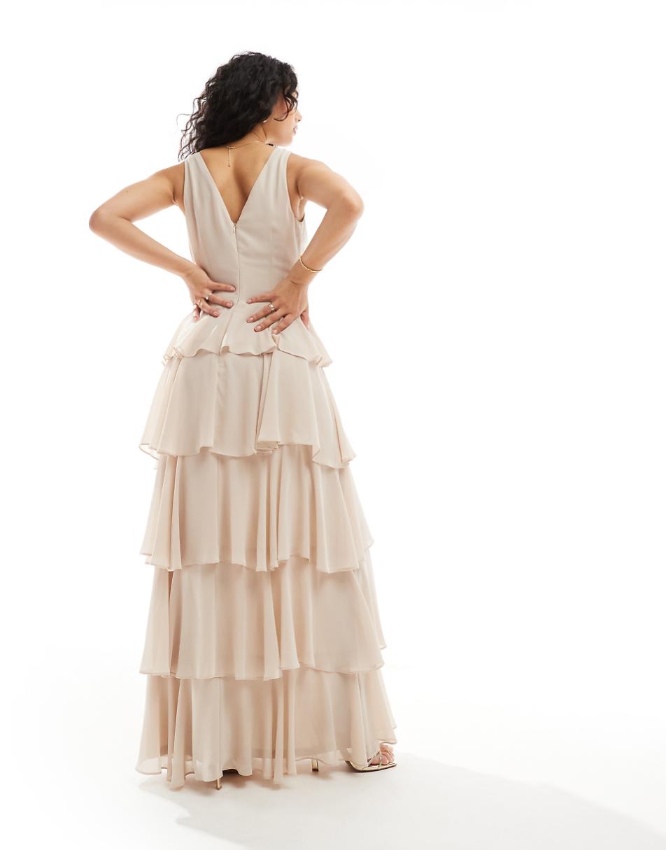 TFNC Bridesmaids chiffon tiered maxi dress in ecru