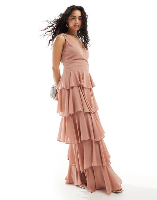 TFNC Bridesmaids chiffon tiered maxi dress in rose brown