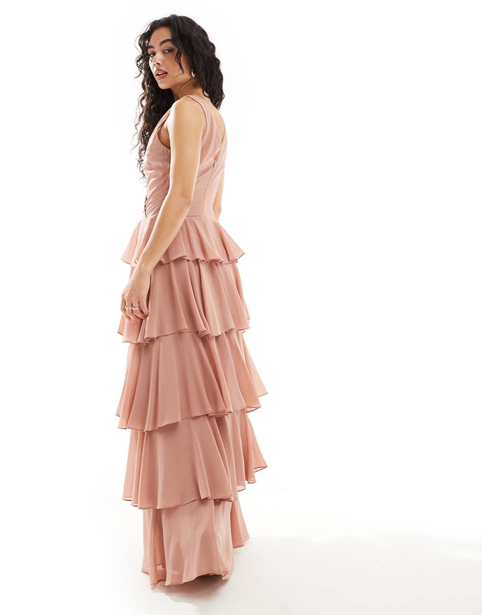 TFNC Bridesmaids chiffon tiered maxi dress in rose brown