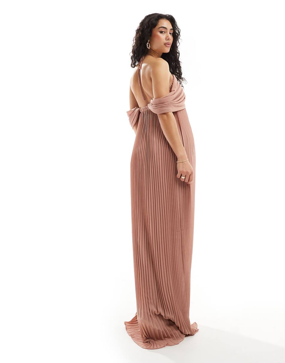 TFNC Bridesmaids cold shoulder chiffon pleated maxi dress in rose brown