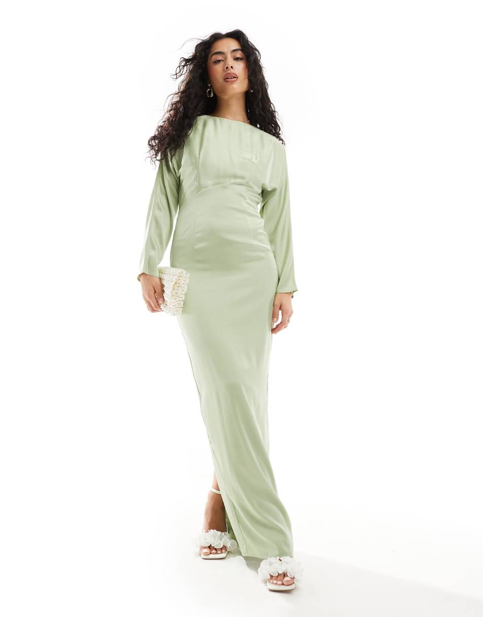 TFNC satin high neck maxi dress in sage