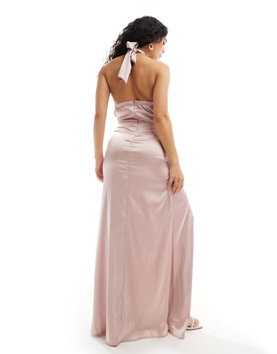 TFNC Bridesmaids cross front satin maxi dress with wrap skirt in soft pink