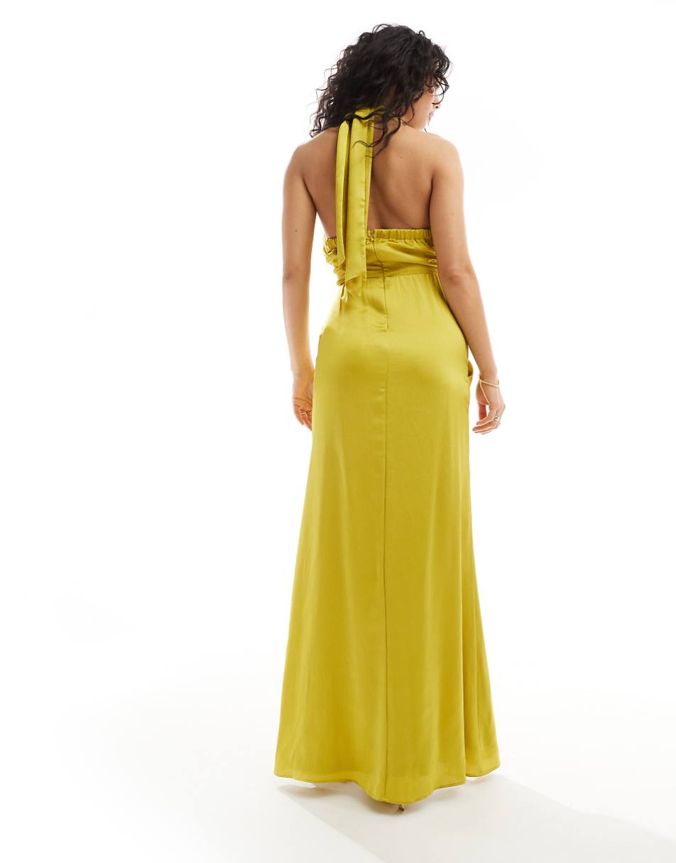 TFNC Bridesmaids cross front satin maxi dress with wrap skirt in  lime