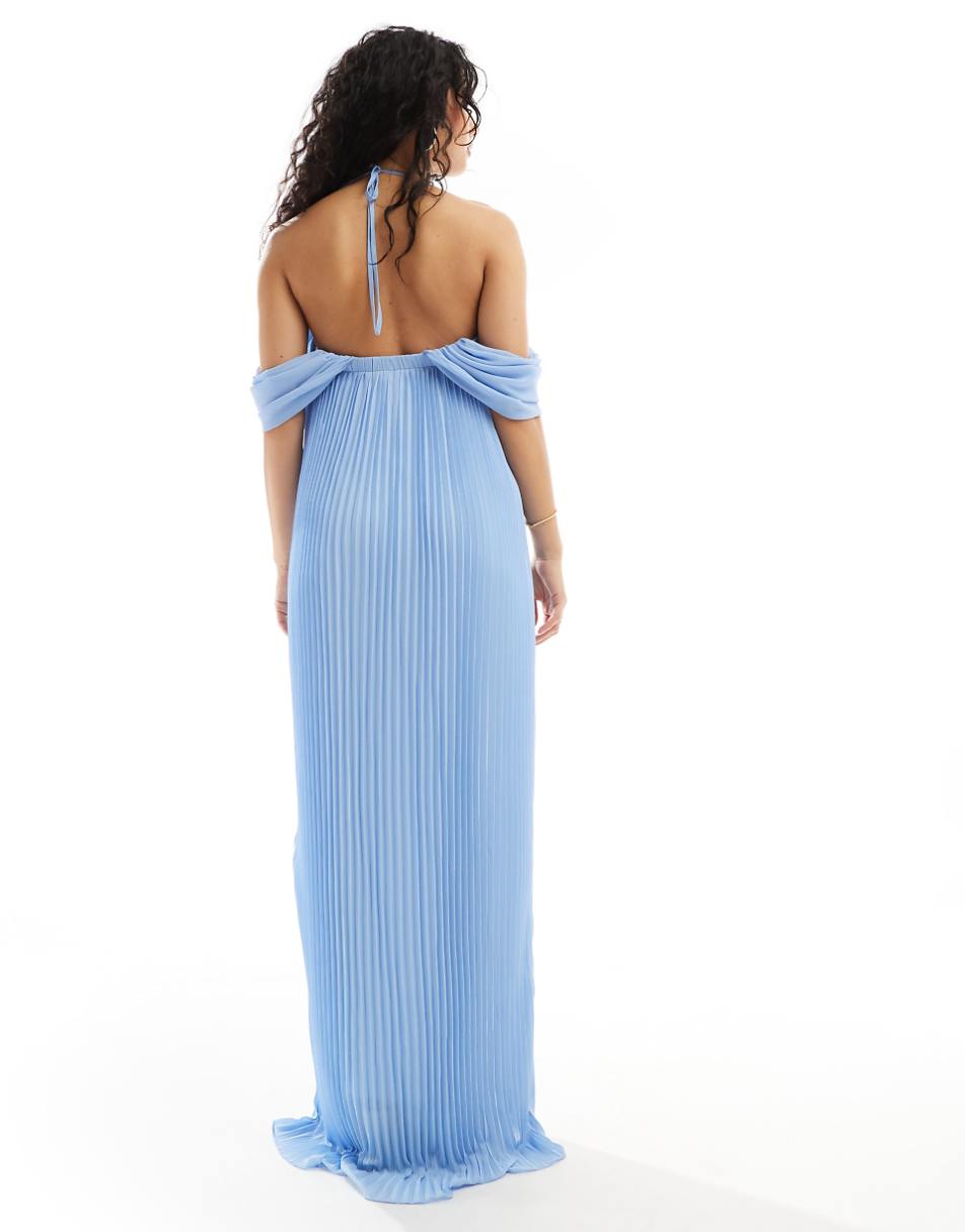 TFNC Bridesmaids cold shoulder chiffon pleated maxi dress in powder blue