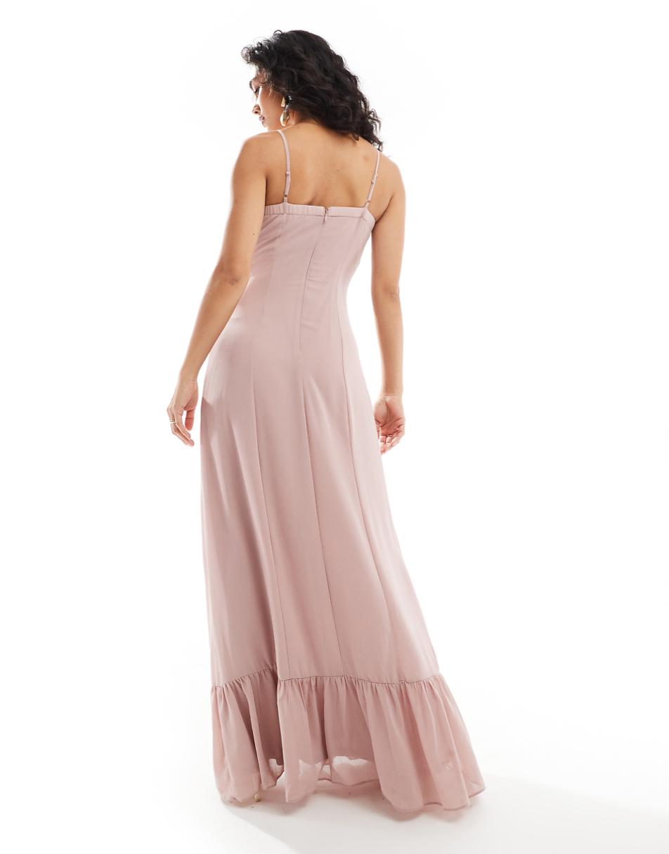 TFNC Bridesmaids chiffon cami maxi dress with split and frill detail in soft pink