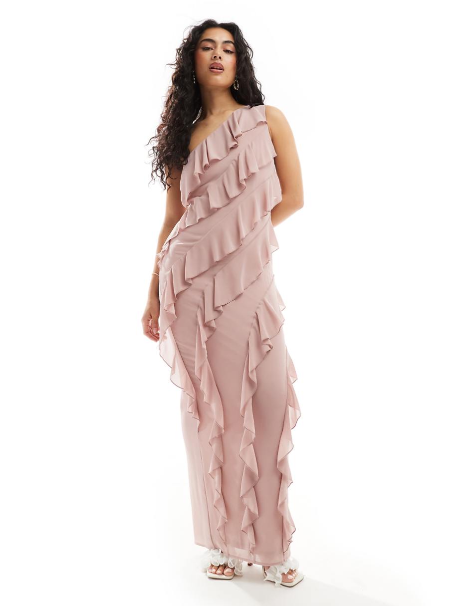 TFNC Bridesmaids chiffon one shoulder maxi dress with frills in soft pink