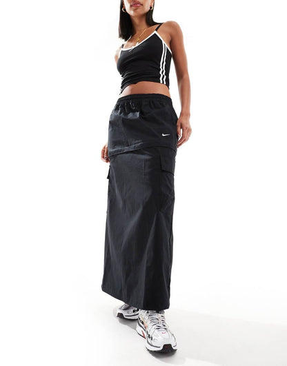 Nike Woven 2 n 1 maxi and mini skirt with zip detail in black