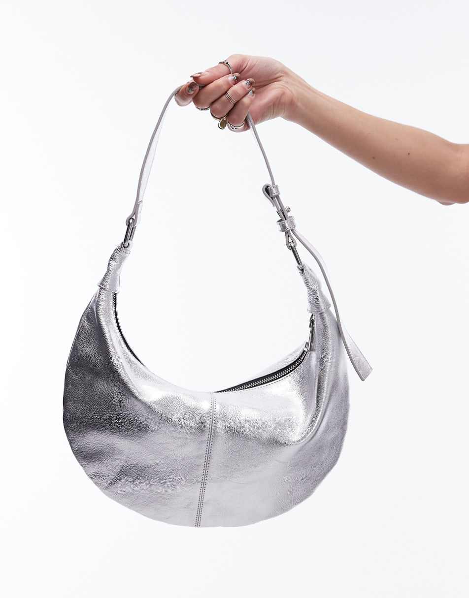 Topshop Leah leather mini scoop shoulder bag in silver