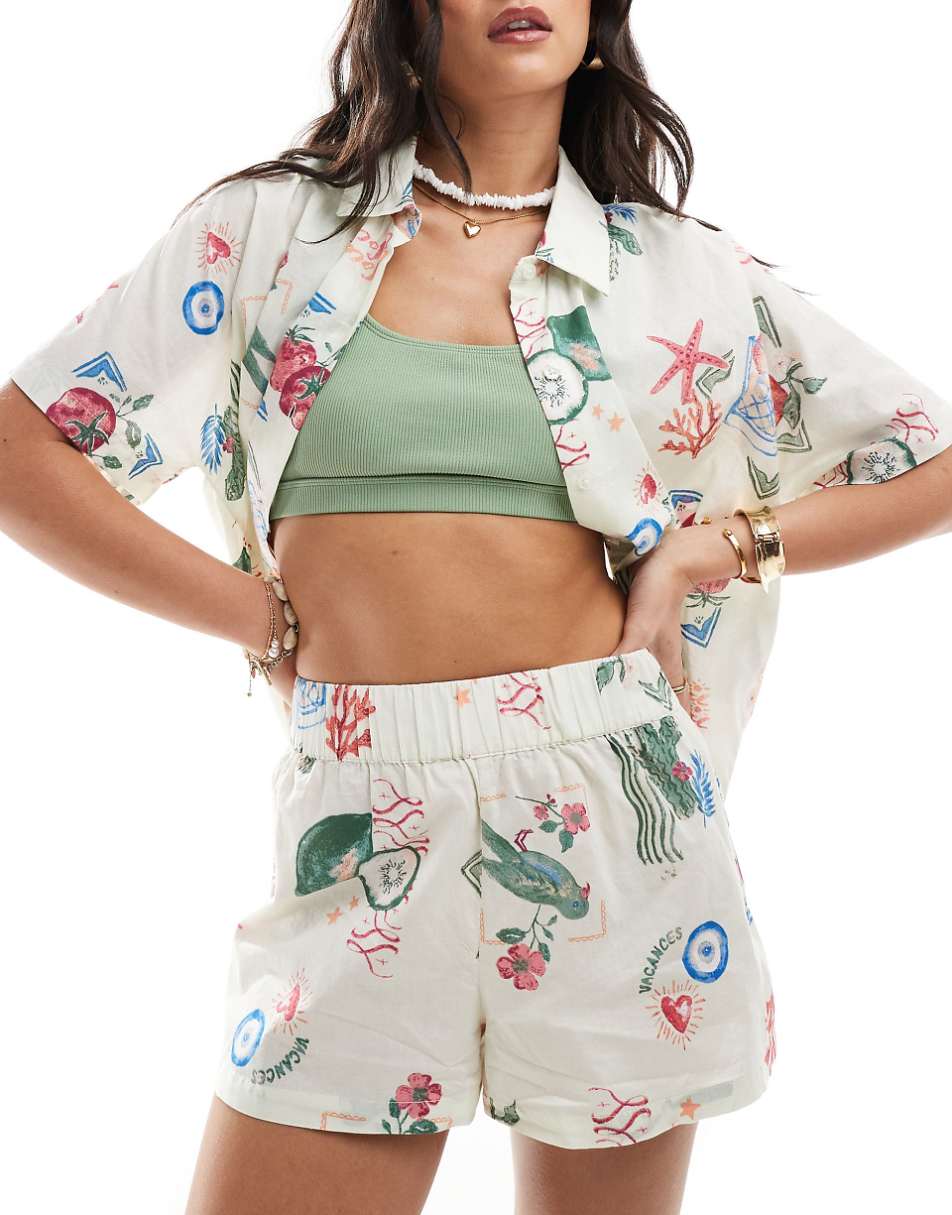 ASOS DESIGN linen look beach shorts in postcard print - part of a set