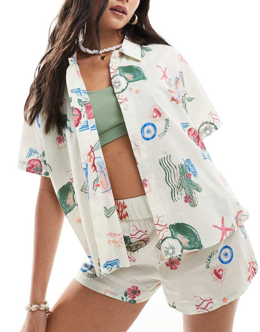 ASOS DESIGN linen look boxy beach shirt in postcard print - part of a set