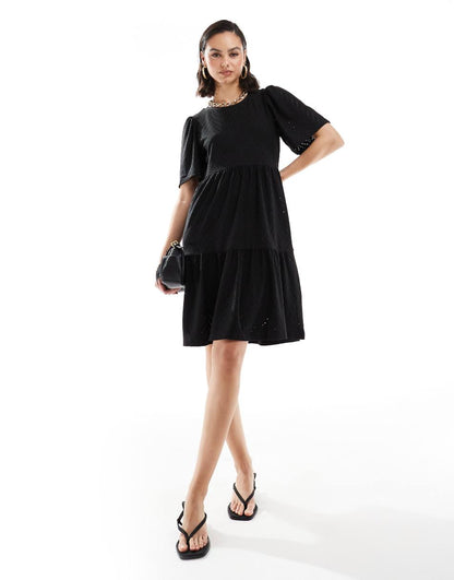 JDY tiered eyelet midi dress in black