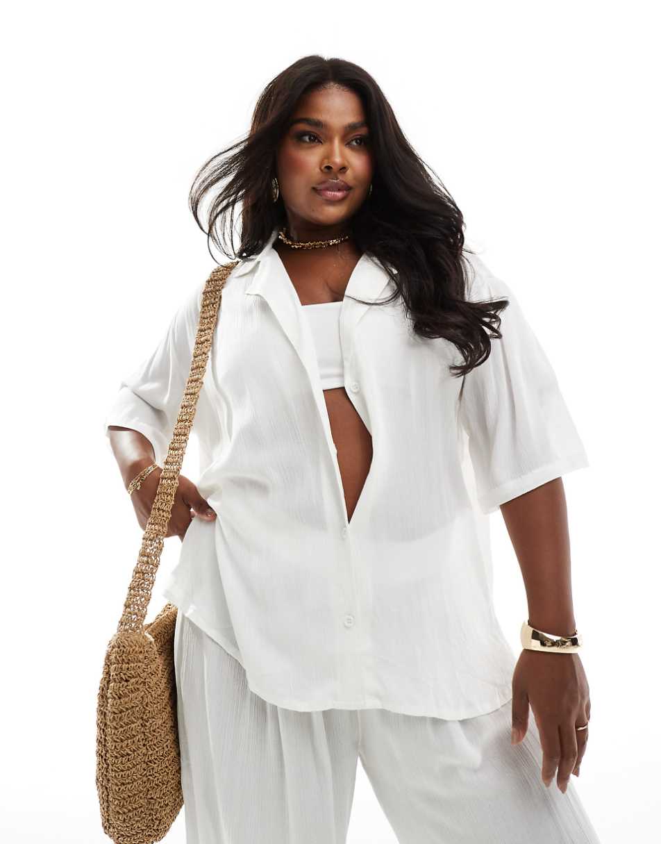 ASOS DESIGN Curve crinkle beach shirt in white - part of a set