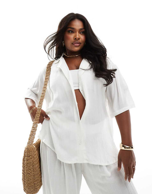 ASOS DESIGN Curve crinkle beach shirt in white - part of a set