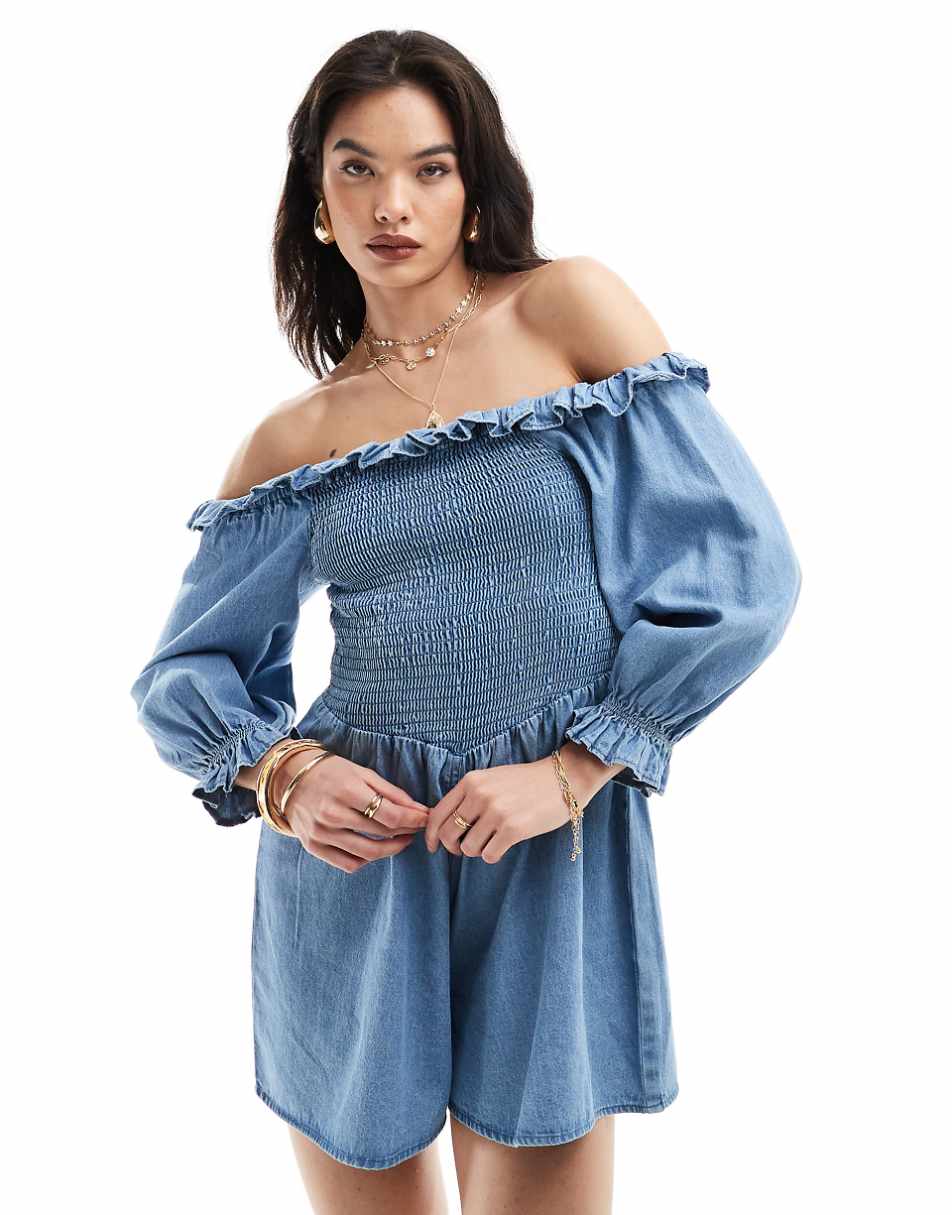 ASOS DESIGN soft denim off shoulder romper with frill detail in mid blue