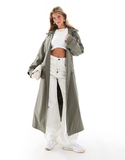 ASOS DESIGN rubberized rain hooded trench coat with belt detail in khaki