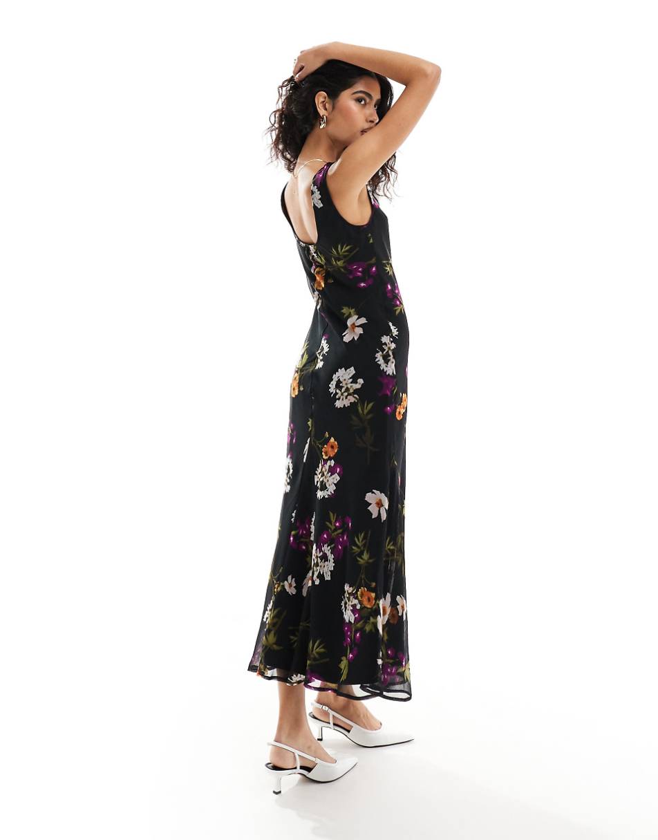 ASOS DESIGN chiffon scoop neck midi slip dress in black floral print