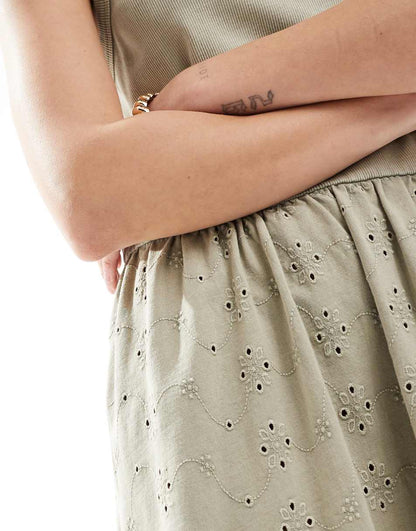 ASOS DESIGN ribbed tank mini dress with eyelet skirt in sage green