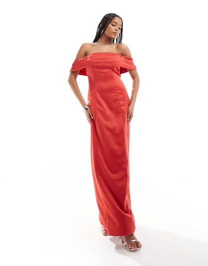 Anaya bardot satin maxi dress in red