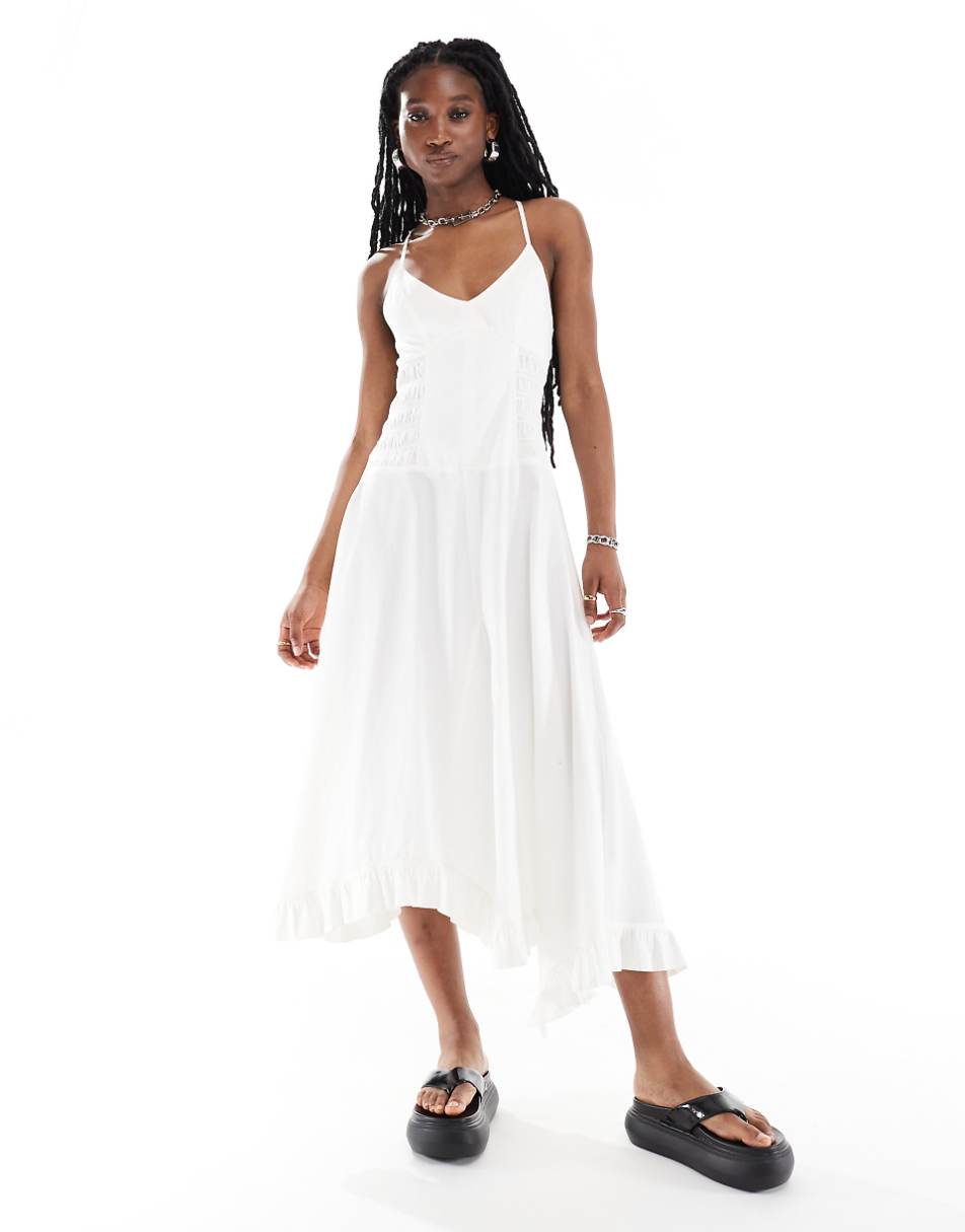 Reclaimed Vintage midi cami dress with ruched detail in off-white twill