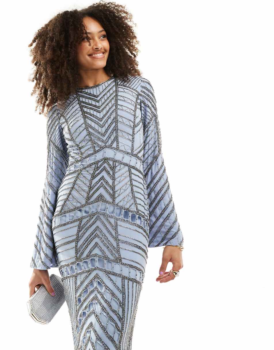 ASOS DESIGN embellished long sleeve chevron maxi dress in cornflower blue