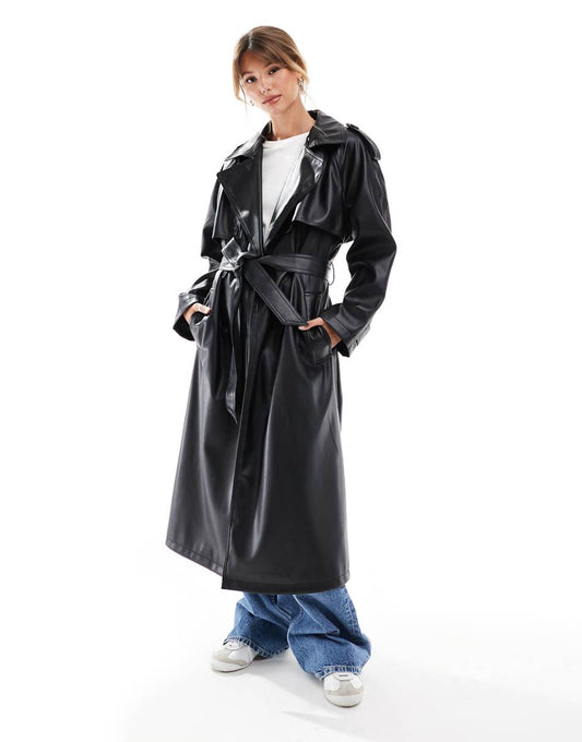 ASOS DESIGN leather look trench coat in black