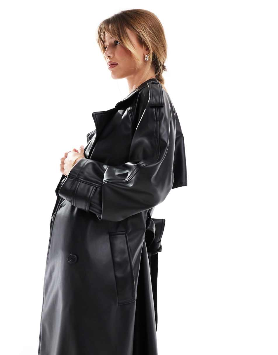 ASOS DESIGN leather look trench coat in black