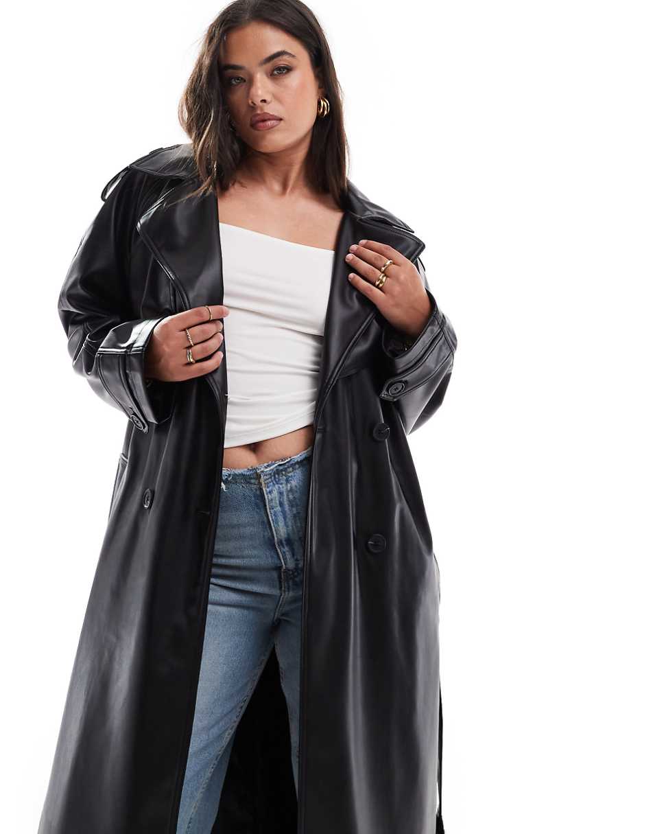 ASOS DESIGN Curve leather look trench coat in black