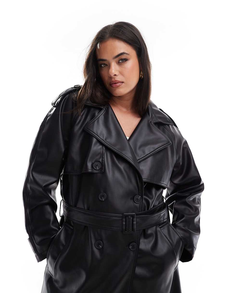 ASOS DESIGN Curve leather look trench coat in black