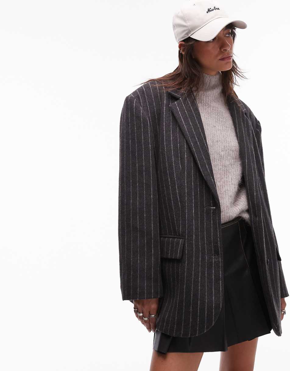 Topshop brushed wool pinstripe blazer in charcoal