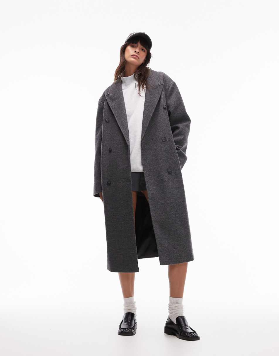 Topshop double breasted coat in charcoal