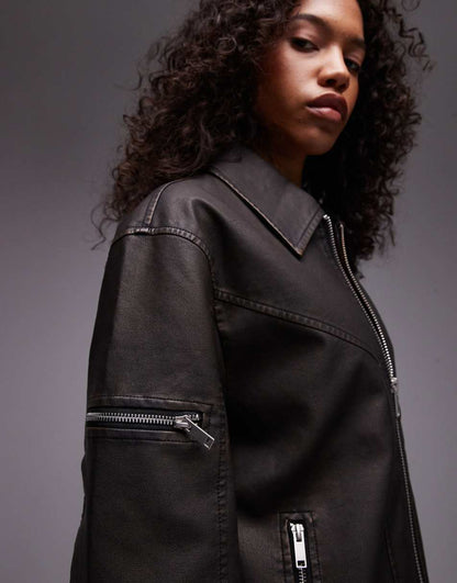 Topshop faux leather center front zip biker jacket in dark brown
