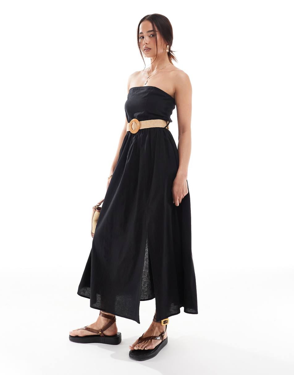 ASOS DESIGN full skirt linen mix bandeau midi dress with belt in black