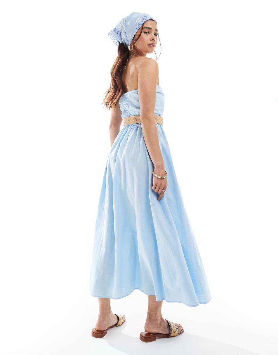 ASOS DESIGN full skirt linen mix bandeau midi dress with belt in pastel blue