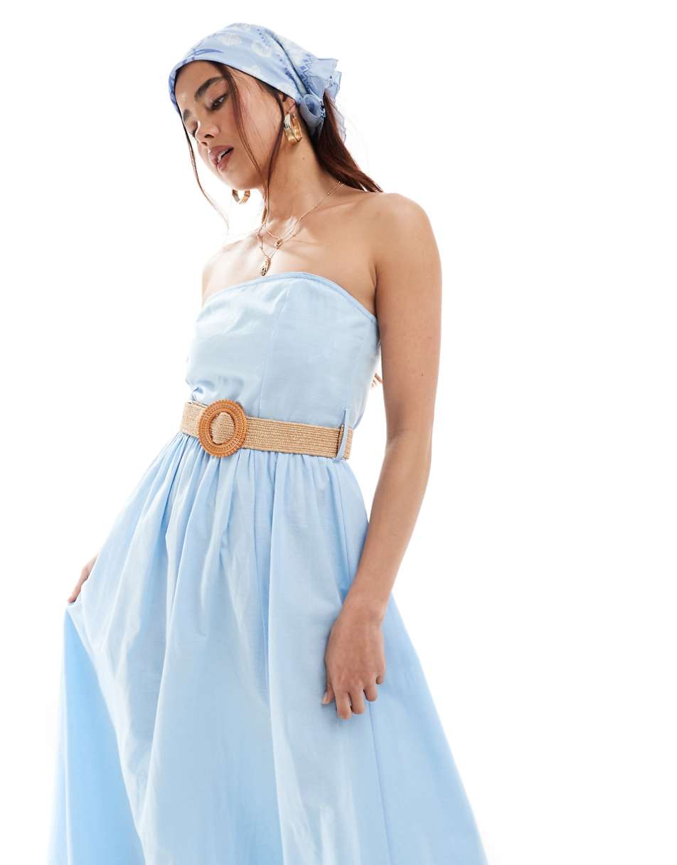 ASOS DESIGN full skirt linen mix bandeau midi dress with belt in pastel blue