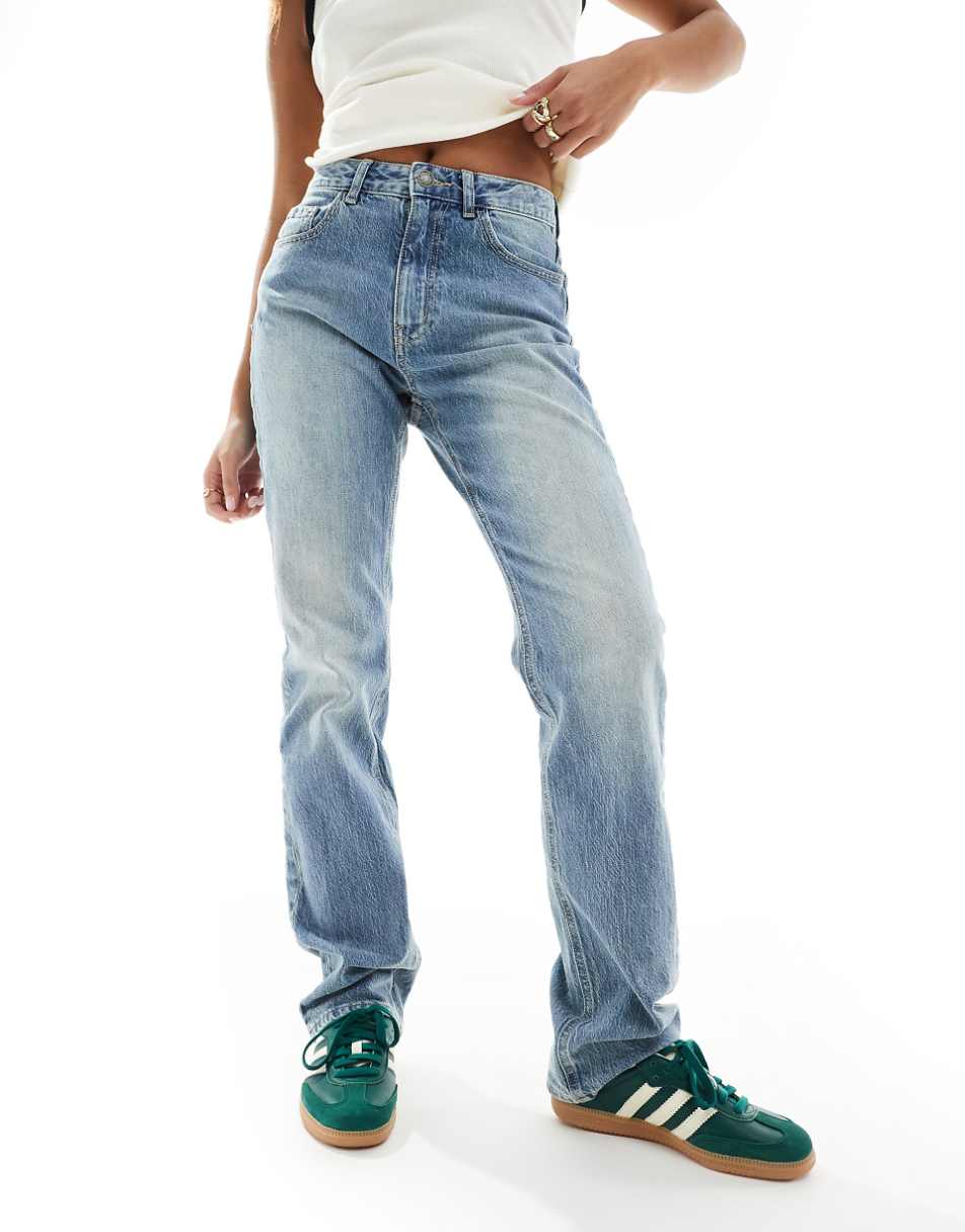 Stradivarius STR Petite straight leg jeans with stretch in mid blue