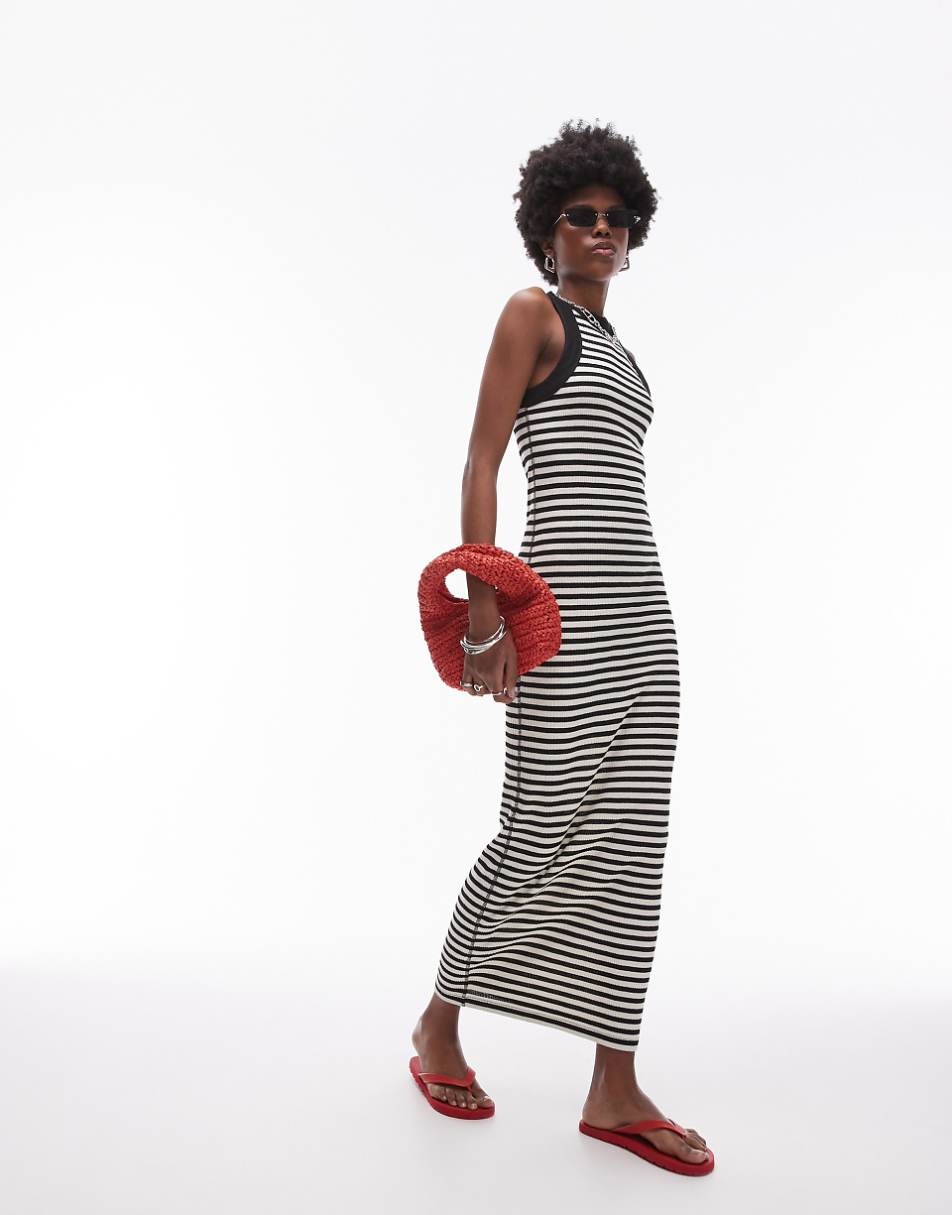 Topshop jersey racer neck midi dress in stripe print