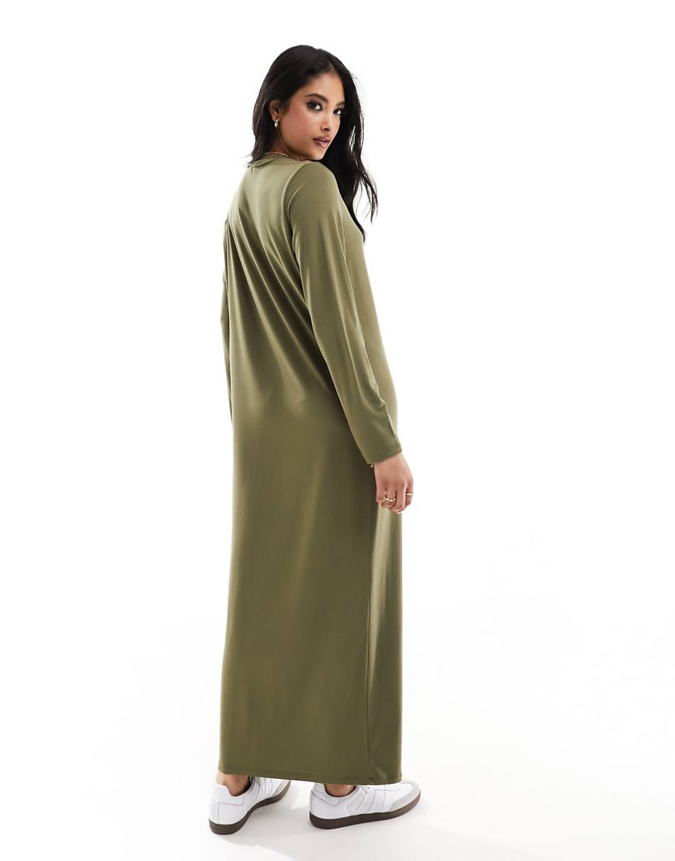 ASOS DESIGN long sleeve maxi t-shirt dress in khaki